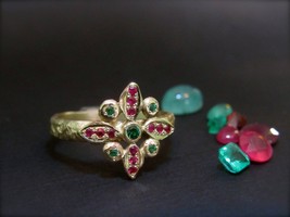 Gold ring. 14k yellow gold ring, with Emerald and rubies. Unique handmade gift.  - £623.49 GBP