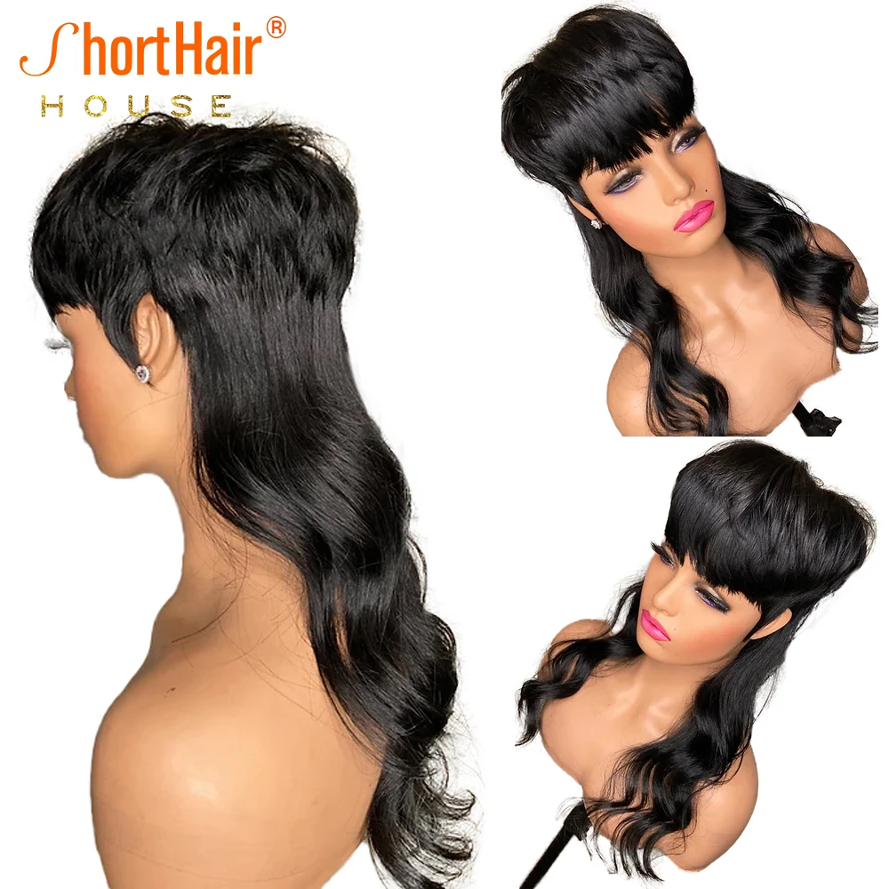 Pixie Cut Human Hair Wigs For Women Wavy Wave Human Hair Wigs With Full Bangs - £47.07 GBP+