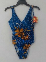 Raya Sun Missy Girls 1 Piece Swimsuit Size 8 Blue &amp; Gold Colored Criss Cross Nwd - £11.73 GBP