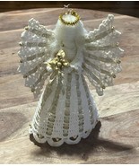 Vintage Crochet Angel Figurine Tree Topper With Golden Accents Ribbon Bo... - $27.44 CAD