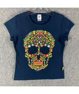 Karani Art Shirt Women&#39;s Large Aztec Skull Floral Blue Short Sleeve Cotton - $529.15 MXN
