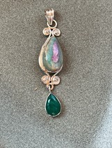 Aqua &amp; Pink Teardrop Stone in 925 Silver Curlicue Frame w Green Dangle Pendant – - £18.84 GBP