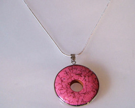 Necklace Sterling Silver Chain Pink Turquoise Round Pendant - $17.99
