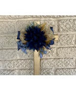 Christmas Cemetery Cross: Blue and Gold grave flowers, Winter Grave Decoration - $26.00