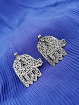 Set Of 2 Moroccan Old Silver Hand Of Fatima Hamsa Pendant Amulet, Berber Jewelry - £148.67 GBP