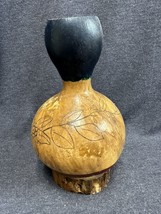 Hand Painted And Carved  8&quot; Decorative Gourd Long Neck Vase 9” Tall 5.5” Diam. - £8.88 GBP