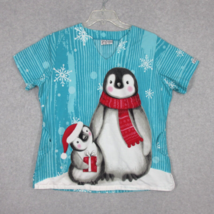 UA Scrubs Women&#39;s Scrub Top Blue Christmas Penguin Scarf Hat Winter - £9.12 GBP