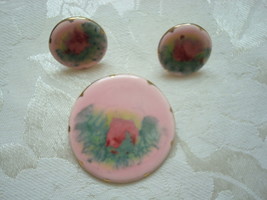 Vintage Pink Ceramic Pin ~ Brooch and Earrings ~ Floral Desi - £9.59 GBP