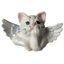 Adorable White Kitten Shelf Sitter Figurine with Blue Tipped Angel Wings - £13.39 GBP