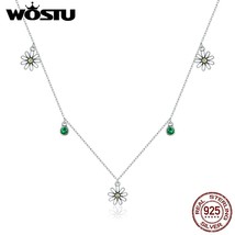 WOSTU 2020 New Real 925 Sterling Silver Daisy Flower Necklace Green Zircon Long  - £21.39 GBP