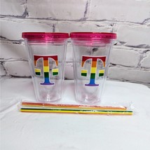 Lot of 2 T-Mobile Pride Rainbown LGBTQ 16oz Plasitc Tumbler Cups with Straws  - £6.88 GBP