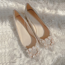 Wedding Shoes Woman Square Buckle Crystal Pointed Toe Flats Glitter Shallow Slip - £36.32 GBP