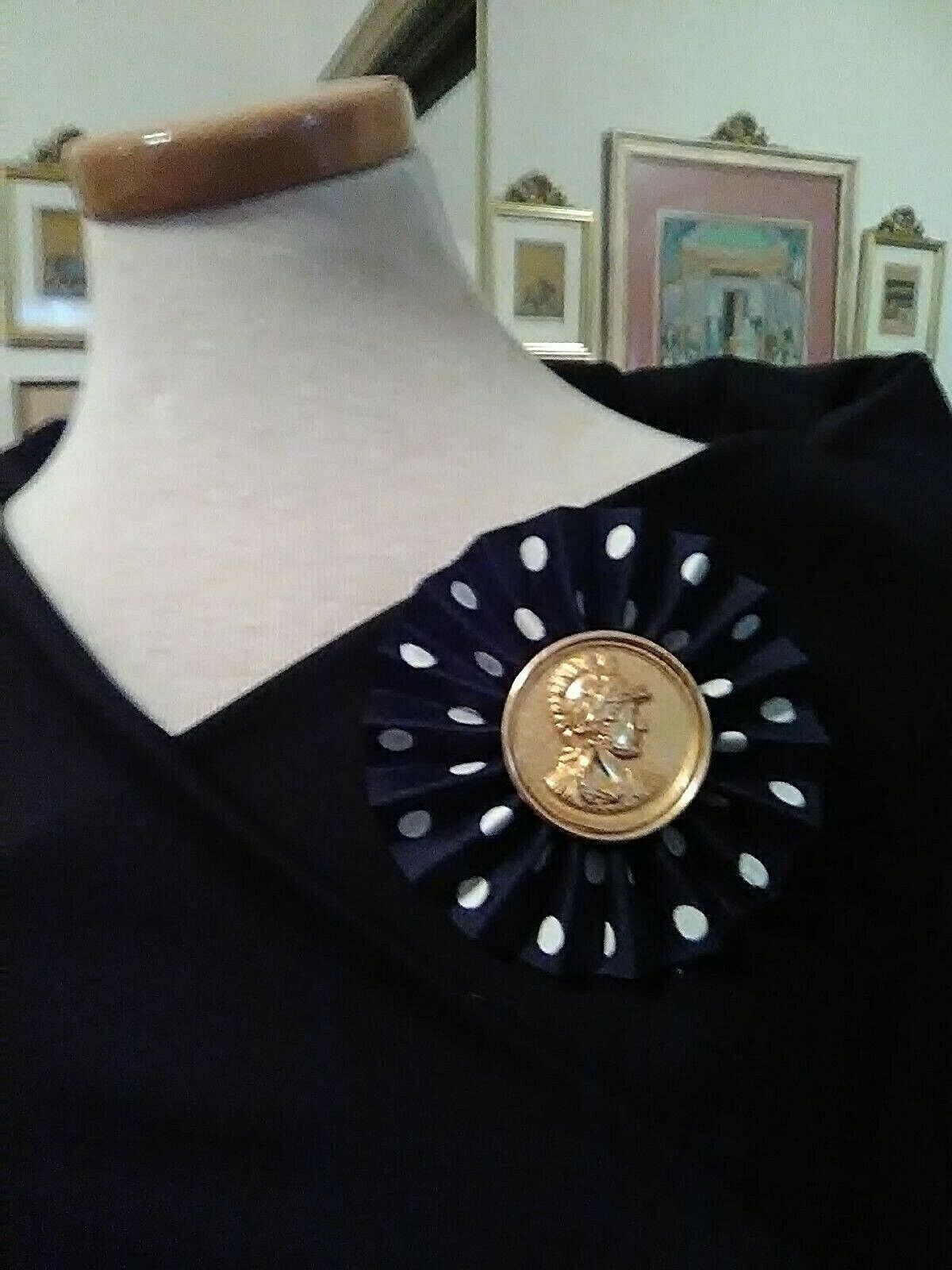 Primary image for VINTAGE GOLDEN PIN BROOCH FAUX ROMAN GOLD COIN PLEATED NAVY WHITE DOT BUNTING