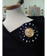 VINTAGE GOLDEN PIN BROOCH FAUX ROMAN GOLD COIN PLEATED NAVY WHITE DOT BU... - $36.00