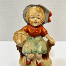 Antique Hand Painted Ceramic Little Girl on Log Figurine Japan 4.25 inch - £11.46 GBP