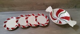 Longaberger Pottery Peppermint Twist Dip Bowl Candy Dish 4 Coasters Chri... - $46.41