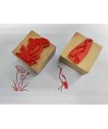 2 Pieces of Square Wooden Stamp with Rubber Base Lotus and Crane - €20,99 EUR