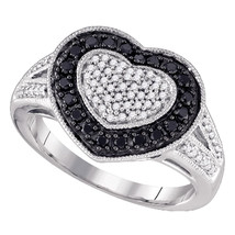 10kt White Gold Womens Round Black Color Enhanced Diamond Heart Ring 1/2 Cttw - £446.83 GBP