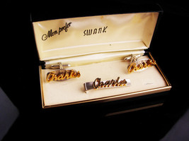 Personalized Charles Cufflinks set / Tieclip / Vintage Swank set / original box  - $175.00