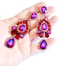 Fuchsia Drop Earrings, Bridesmaid Rhinestone Earrings, 3.5 Inch Pageant Jewelry, - £33.11 GBP