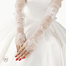 Tulle Bridal Gloves with Butterflies, Sheer Tulle Chic Fingerless Weddin... - £39.14 GBP