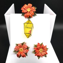 Vintage Poinsettia Brooch and Earrings Set, Dangling Lantern Red Lucite ... - $72.57