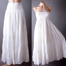 White Smocked Beach Summer Boho Eyelet Convertible Tiered Dress Long Skirt - $82.27 CAD