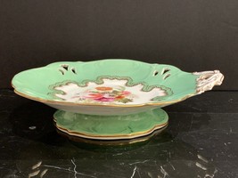 Antique English Porcelain Pierced Apple Green Single Handle Footed Platter - $197.01