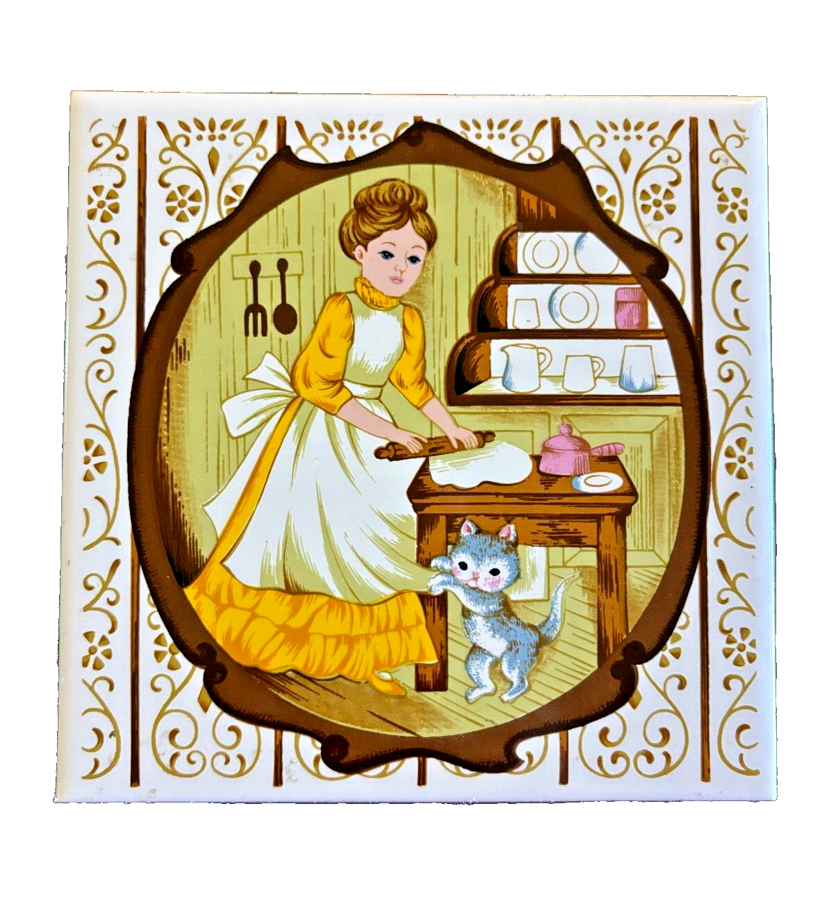 Trivet Pot Holder Tile Woman Cat Country 6 Inch Sq 1978 Sears Roebuck Vintage - $23.24