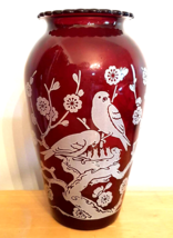 Anchor Hocking Royal Ruby R53 Hoover Red Glass Vase White Birds Blossoms MCM VTG - £23.48 GBP