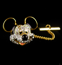 mouse enamel tie tack with chain - rhinestone mickey mouse pin - black and golde - £58.97 GBP
