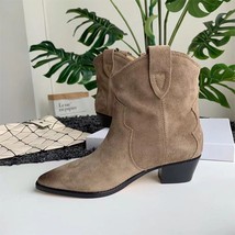 New Women Cowboy Ankle Boots Block Heels Flock Slip On Ladies Short Boot Autumn  - £41.65 GBP