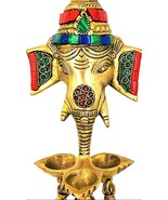 Brass Ganesha Deepak with Bells Wall Hanging Multicolor Gemstone Handwork - $179.46 CAD