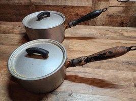 Vintage Wear Ever Aluminum Pot Saucepans 701 1/2, 702 1/2 With Lids Wood... - $32.97