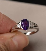 Natural Amethyst Engagement Ring 14K White Gold Plated Oval Shape Vintage Jewely - £25.47 GBP