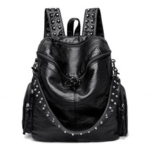 High Quality Rivet Soft Leather Backpacks for Women Fashion Luxury Ladies Should - £40.72 GBP