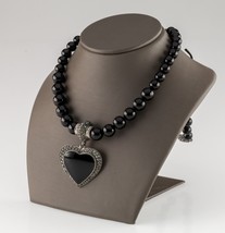 Sterling Silver Onyx Bead Marcasite Heart Pendant 21&quot; - £381.08 GBP