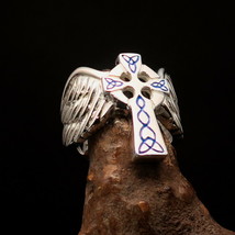 Excellent crafted Mens winged blue Celtic Runes Cross Ring - Sterling Silver - £61.58 GBP