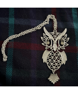 Vintage Articulated Owl Necklace Large Pendant Rhinestone Eyes Silver To... - $19.03 CAD