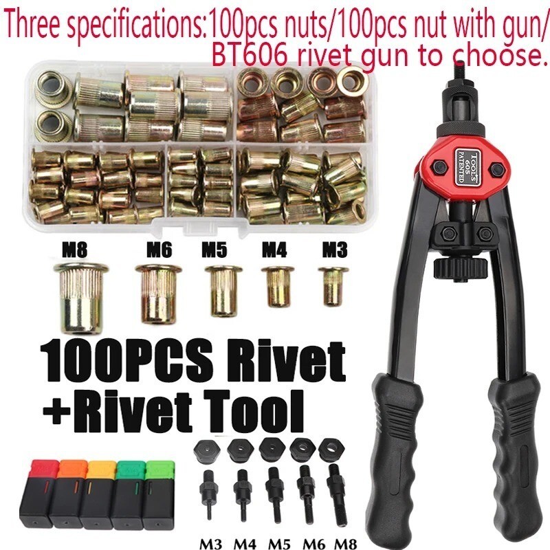 100pcs Rivet Nut Kit with Hand Rivet Gun - M3 M4 M5 M6 M8 Manual Riveter Tool BT - $59.39