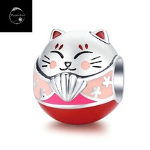 Genuine Sterling Silver 925 Maneki Cat Japanese Lucky Bead Charm With Enamel Mum - £17.82 GBP