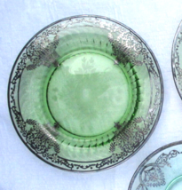 Green Glass Dish Plate Sterling Silver Overlay Etched Flower Art Deco Antique 8&quot; - £19.42 GBP