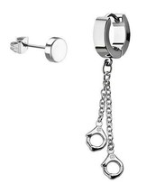 Handcuffs Chain Huggie Hoop and Plug Stud Silver Tone Stainless Steel ea... - $14.24