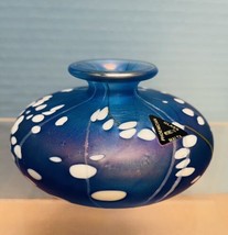 Phoenician Malta SIGNED Art Glass Squat Vase - Blue White Iridescent  - ... - $73.26