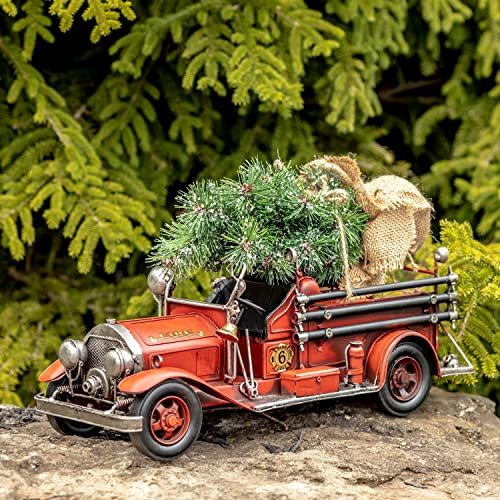Primary image for Vintage Style 16" Long Metal Firetruck Decoration with Christmas Tree