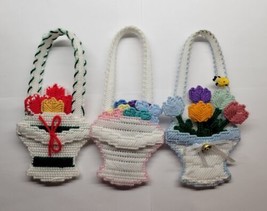 Set Of 3 Hand Crocheted Cross Stitch 10&quot; Tall Flower Baskets - £23.73 GBP