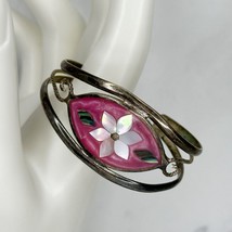 Vintage Alpaca Silver Tone Mother of Pearl Shell Flower Inlay Cuff Bracelet - £19.43 GBP