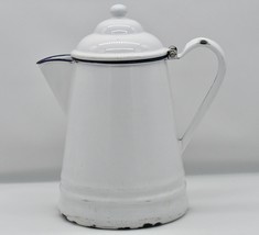 Vintage White &amp; Blue Trim Enamelware Stovetop Coffee Pot 10.5 Inch Tall - $29.00