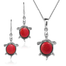 Sea Life Happy Turtles Red Coral .925 Sterling Silver Necklace Earrings Set - £26.48 GBP