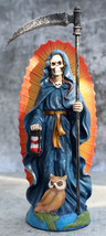 Standing Blue Santa Muerte Skeleton With Scythe Hourglass And Wise Owl Figurine - £27.59 GBP